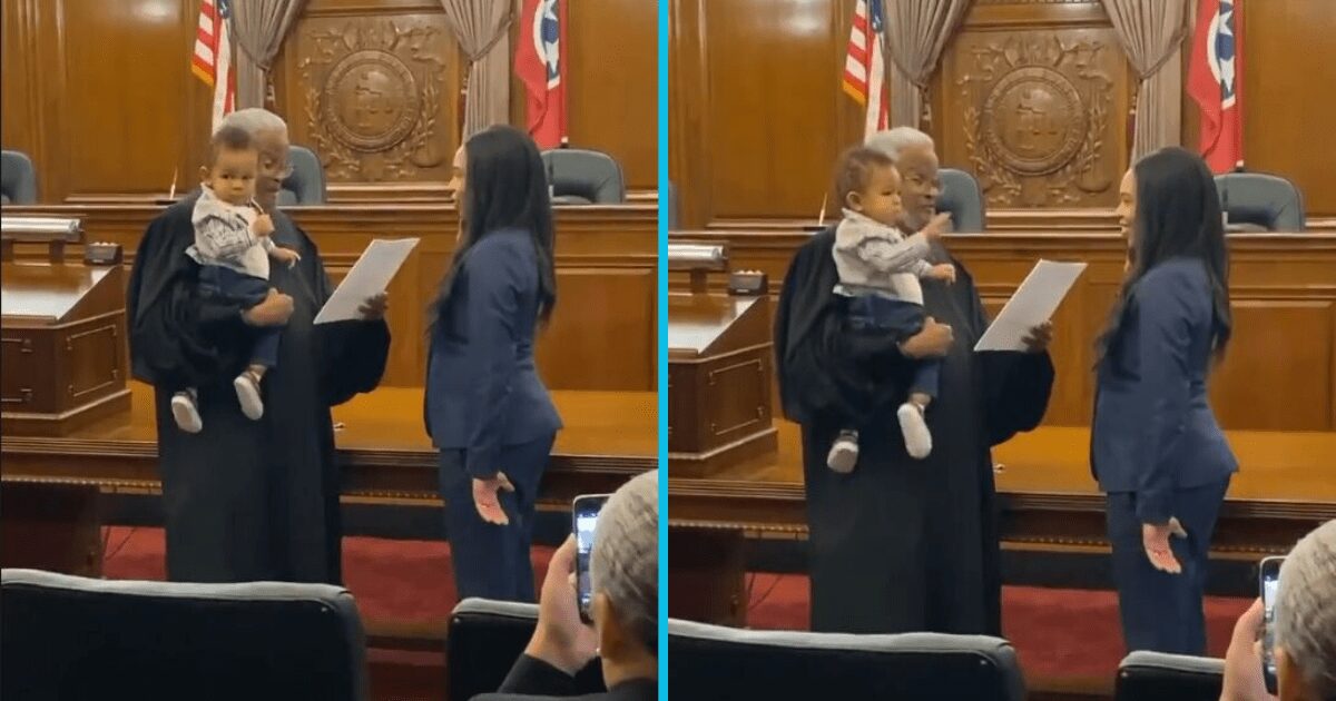 Judge bounces law student's 1-year-old baby on his hip while swearing-in his mother in heartwarming ceremony. Credit: Sarah Martin