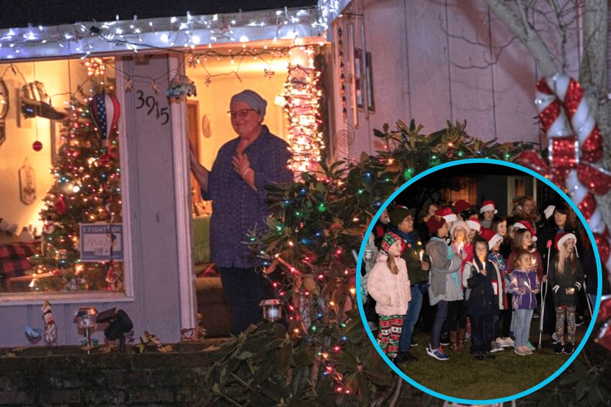 Students of beloved teacher fighting cancer show up on her front lawn to sing her Christmas carols.