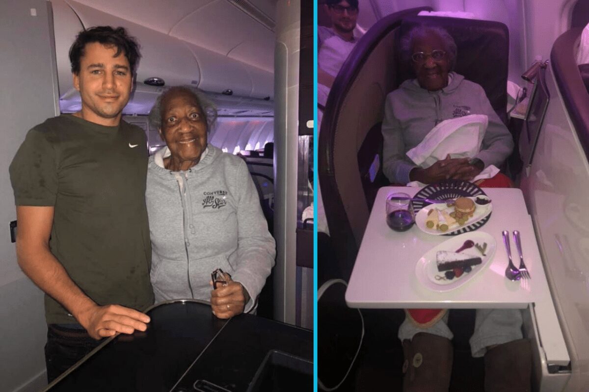 Kindhearted man trades seats with an 88-year-old woman who’s always dreamed of flying first-class.