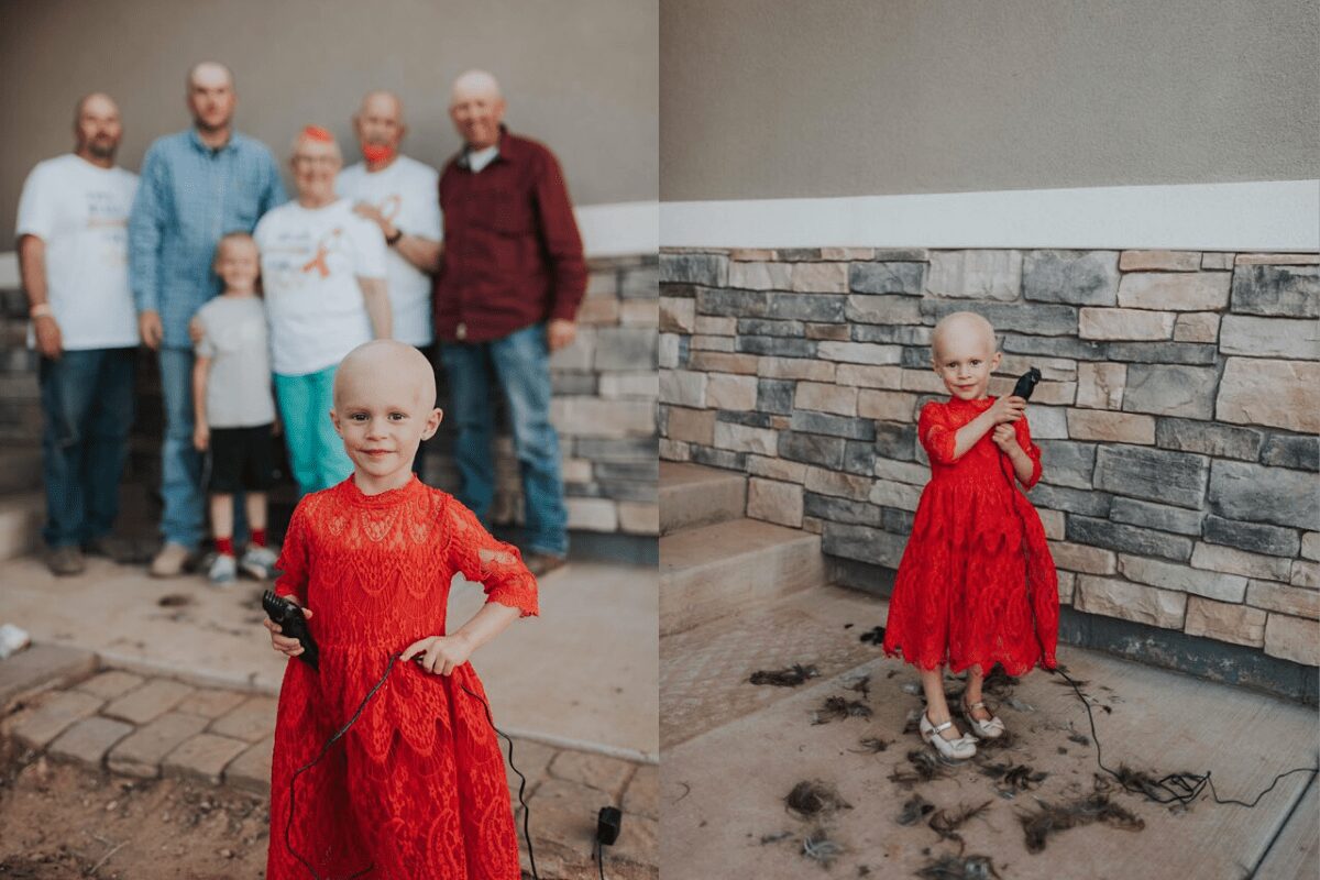 After chemo took her hair, family lets little girl battling cancer shave their heads to show they’re all in it together.