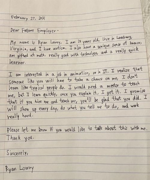 The cover letter Ryan wrote to future employer - "take a chance on me."