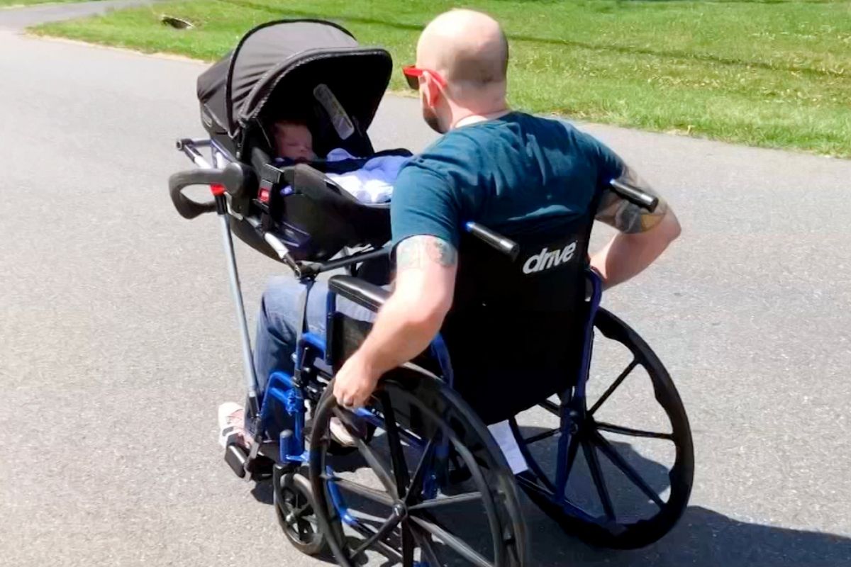 High school students build wheelchair-stroller for new dad who lost mobility due to a brain tumor.